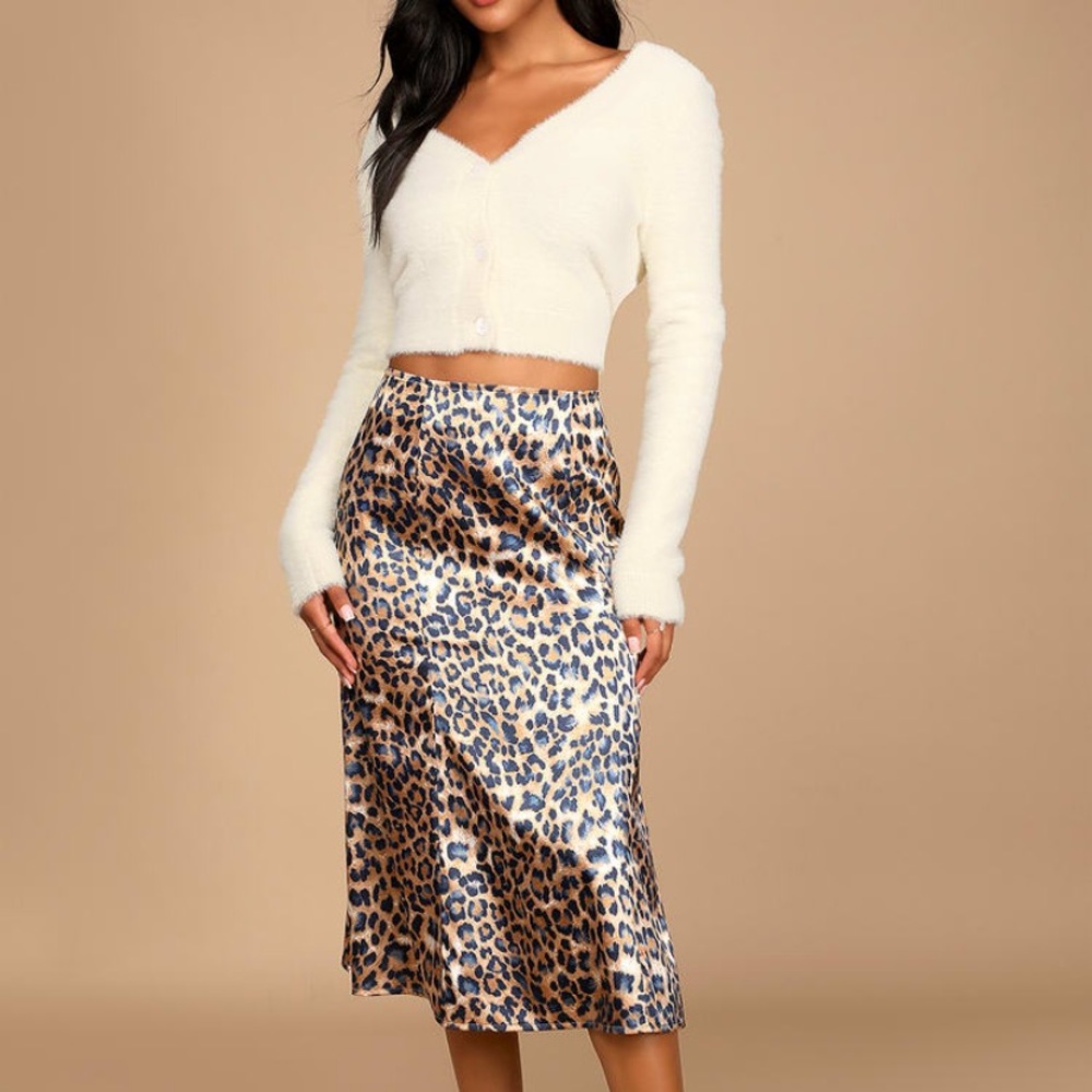 Lulu’s Global Icon Tan and Navy Blue Leopard Print Satin Midi Skirt